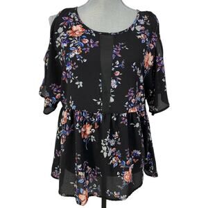Bobeau Black Floral Lightweight Split Bell Sleeve Mesh Panel Blouse Size M